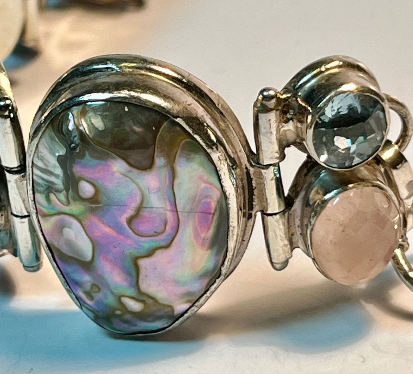 Sterling Silver, Abalone, Blue Topaz & Pink Quartz Bracelet