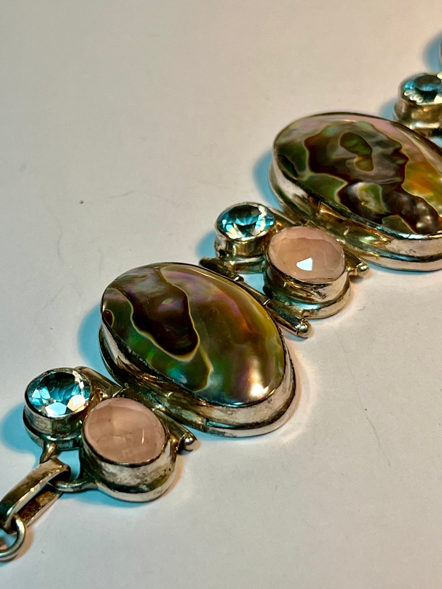Sterling Silver, Abalone, Blue Topaz & Pink Quartz Bracelet