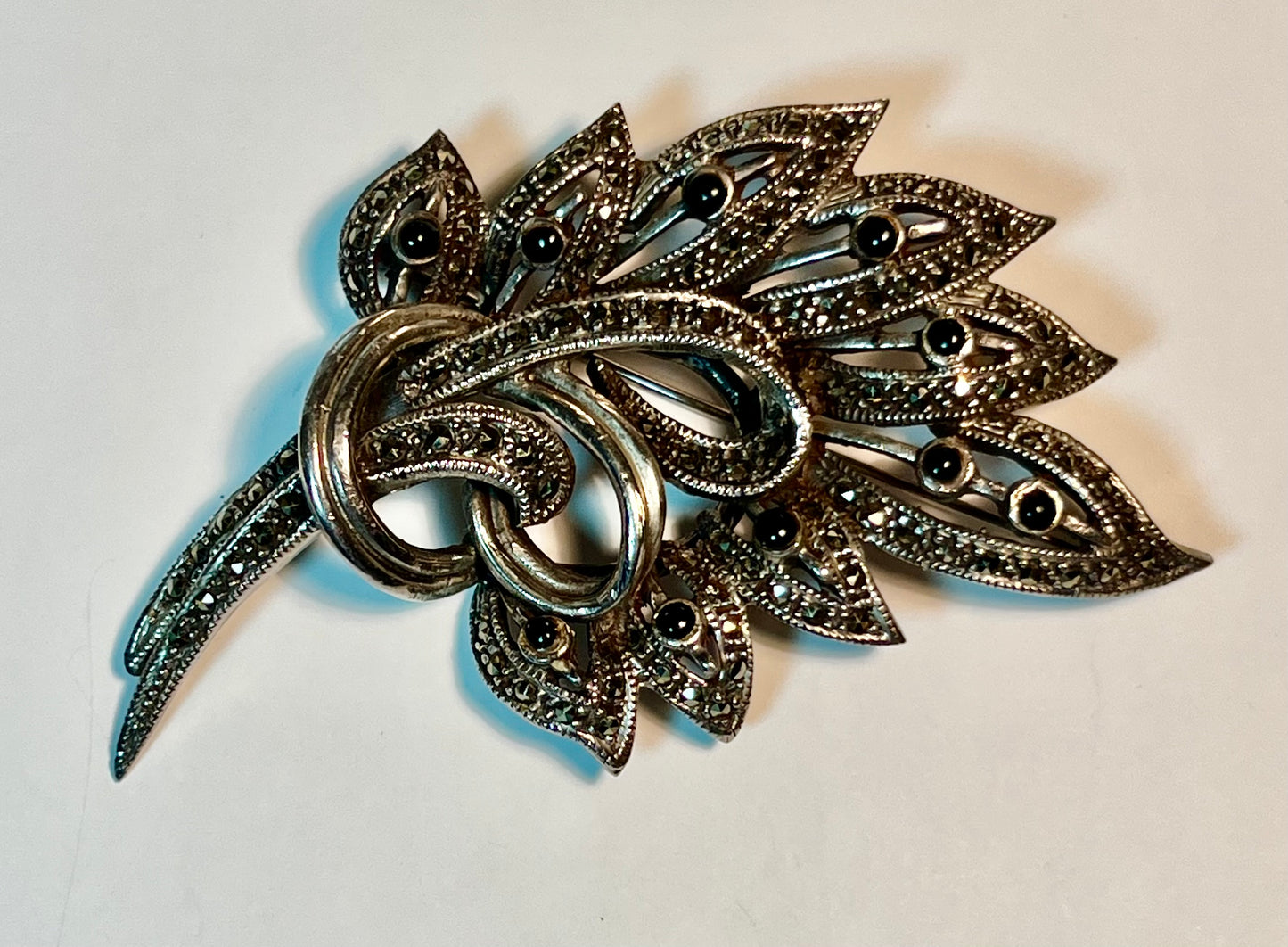 Sterling Silver, Marcasite, & Onyx Leaf Brooch