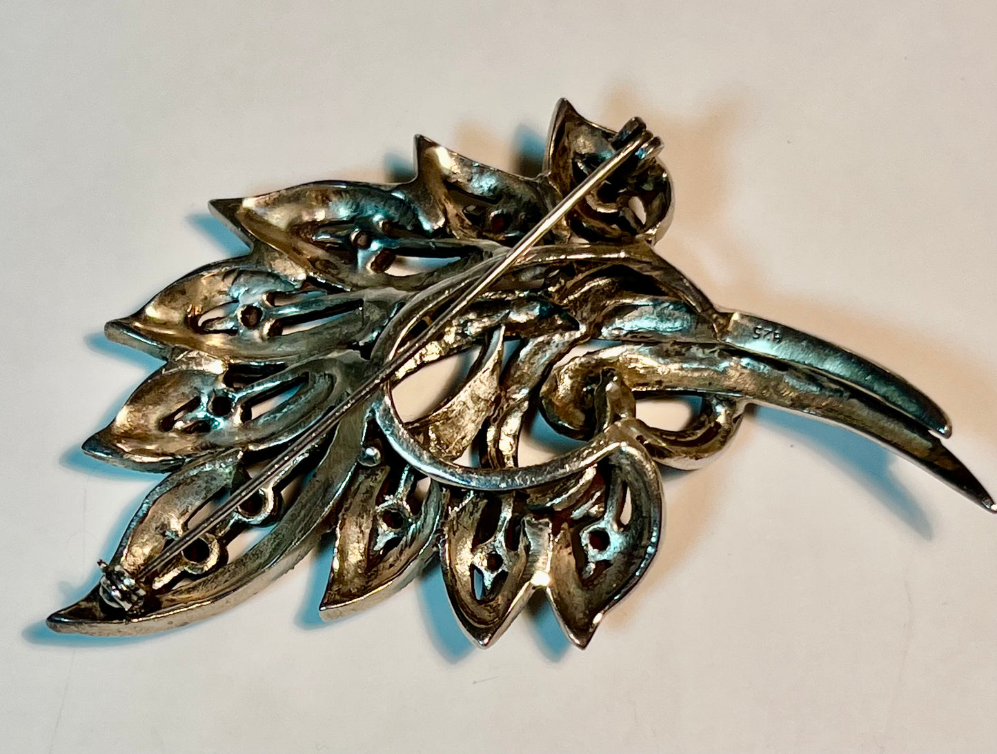 Sterling Silver, Marcasite, & Onyx Leaf Brooch