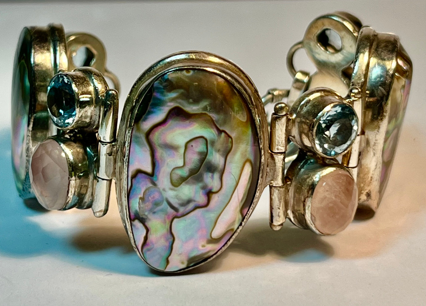 Sterling Silver, Abalone, Blue Topaz & Pink Quartz Bracelet