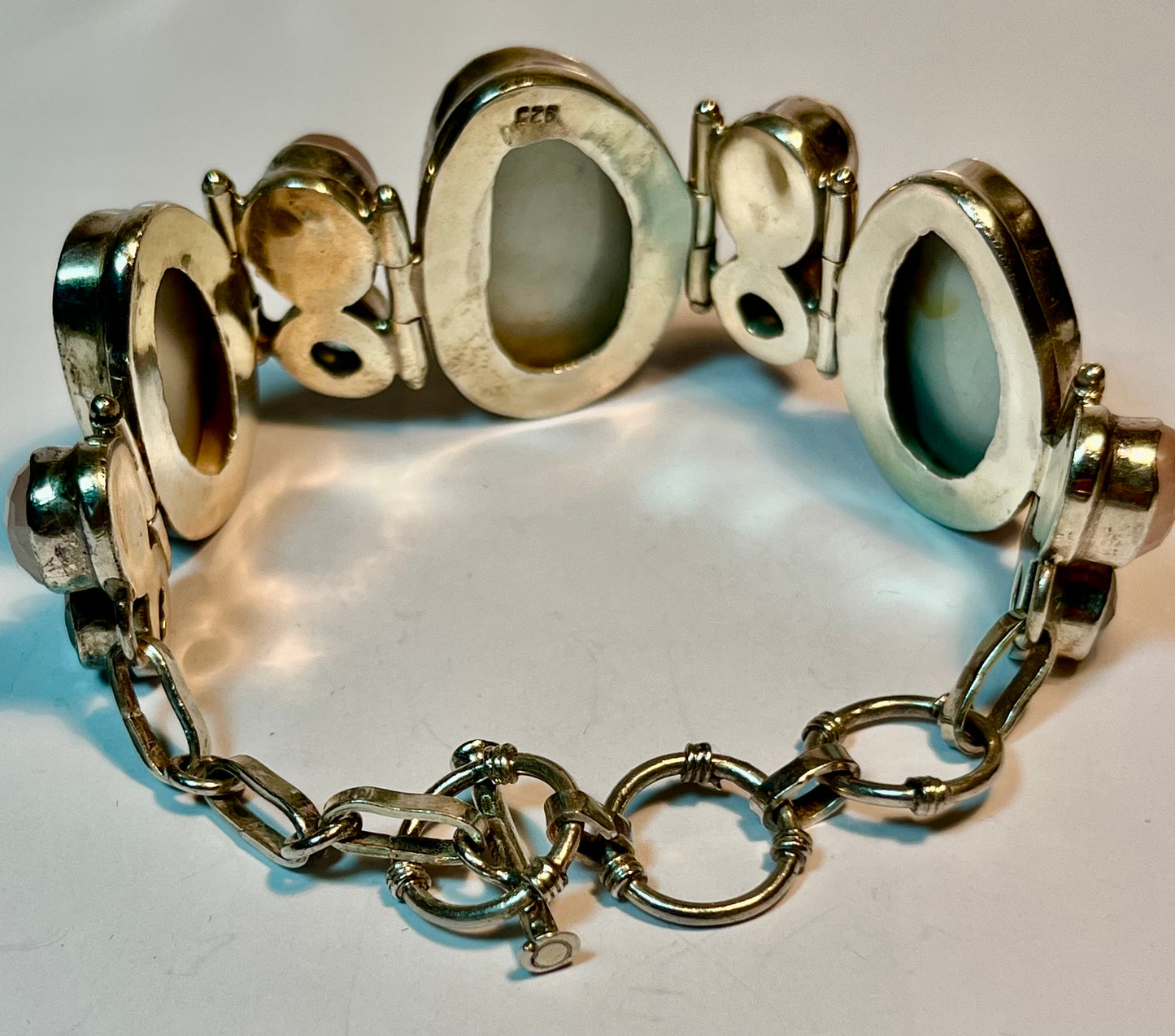 Sterling Silver, Abalone, Blue Topaz & Pink Quartz Bracelet