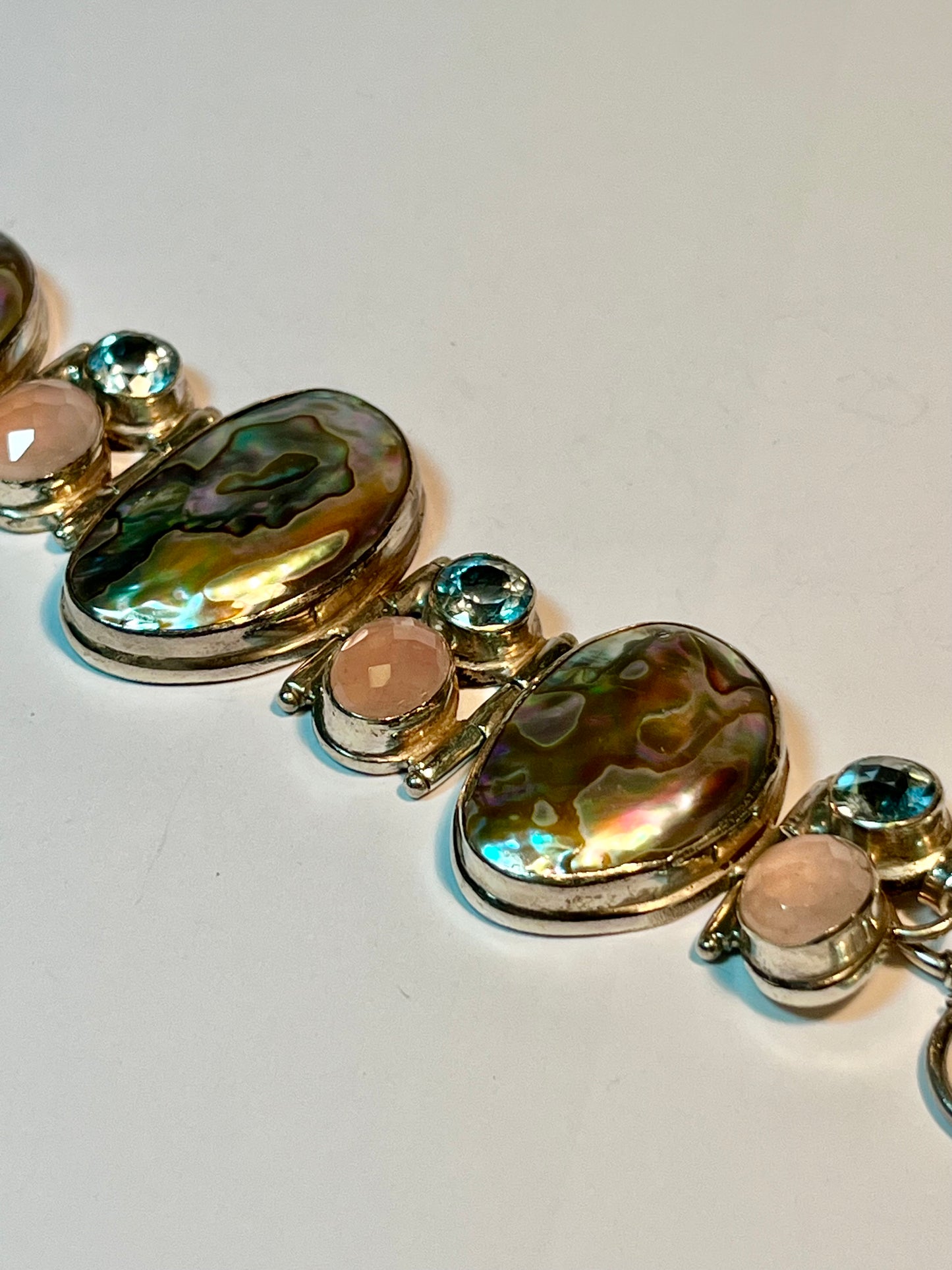 Sterling Silver, Abalone, Blue Topaz & Pink Quartz Bracelet