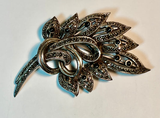 Sterling Silver, Marcasite, & Onyx Leaf Brooch