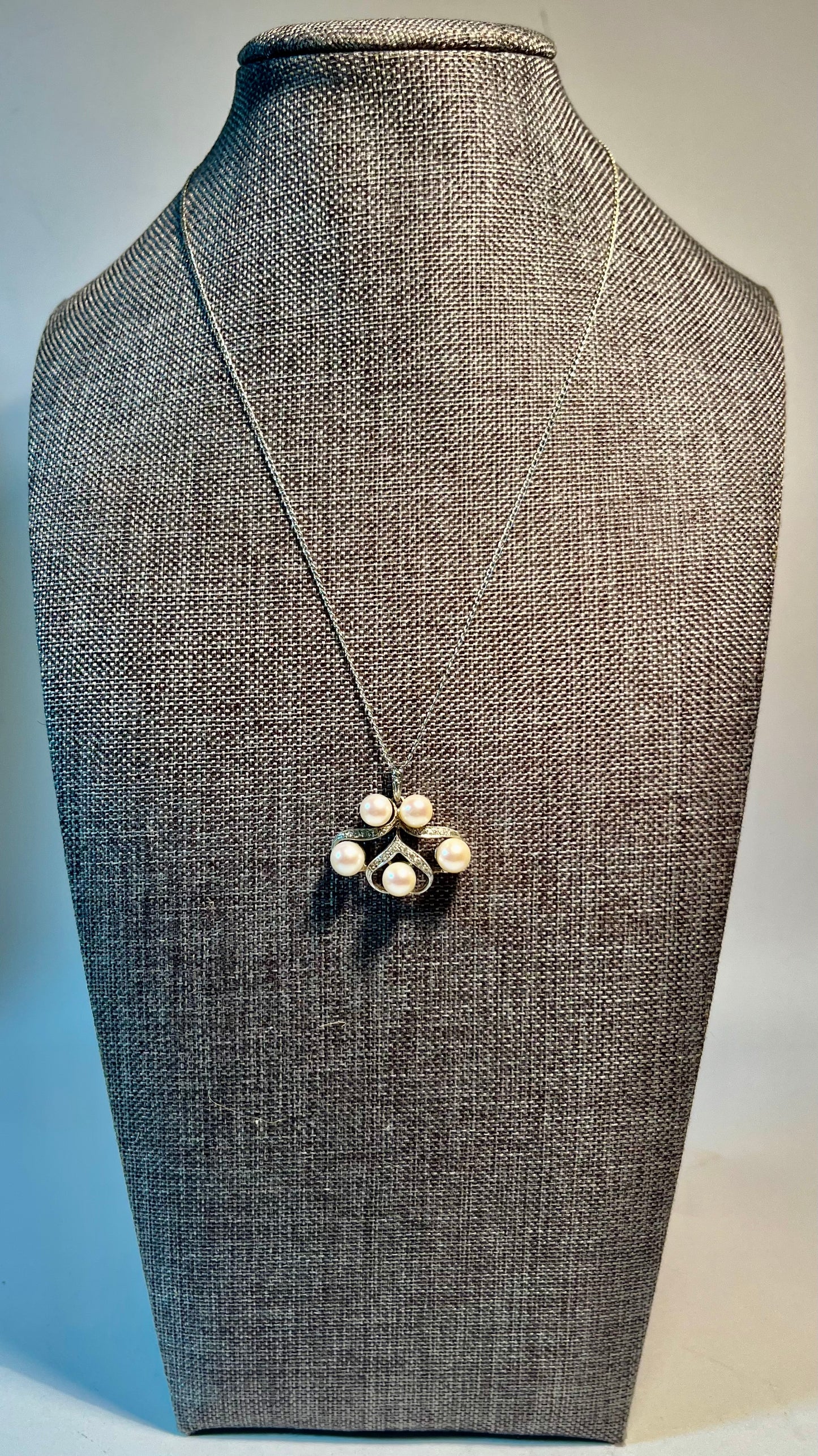 14K White Gold, Pearl, & Diamond Pendant & Chain