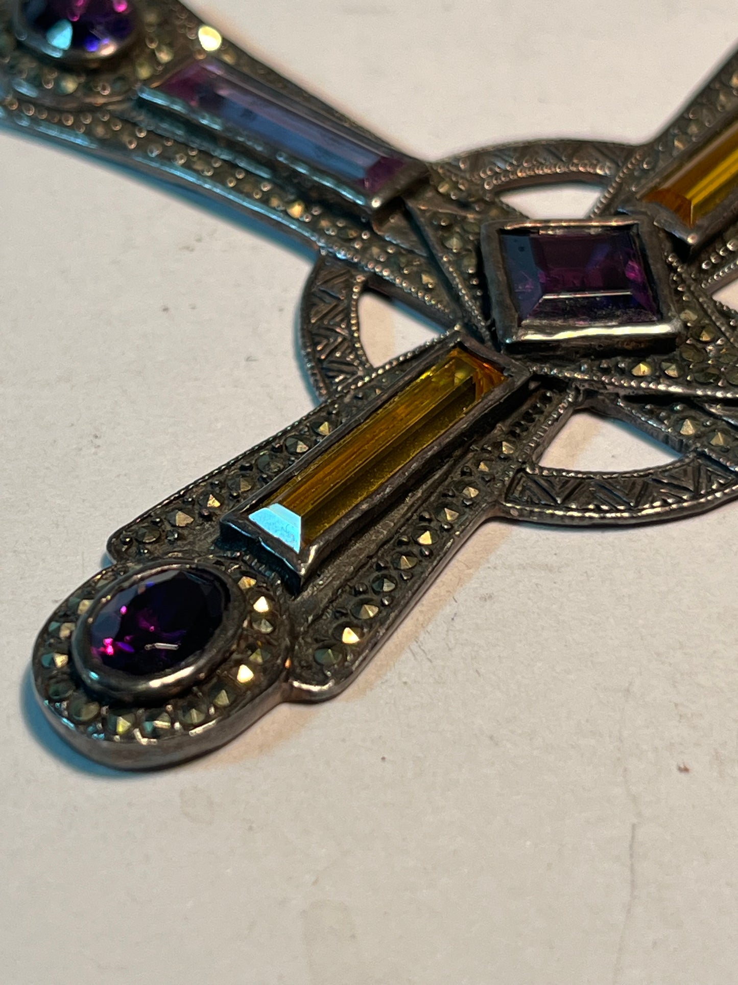 Large Sterling Silver, Gemstone, & Marcasite Cross Pendant