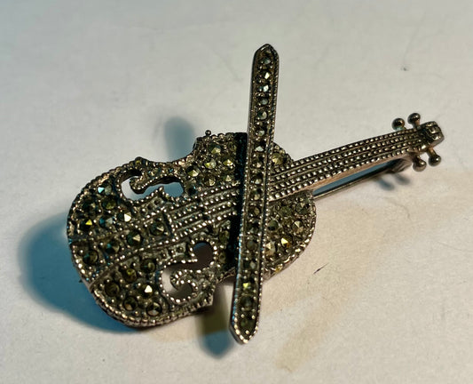 Sterling Silver Marcasite Violin Brooch