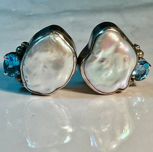 Amy Kahn Russell Sterling Silver, Pearl, & Blue Topaz Earrings