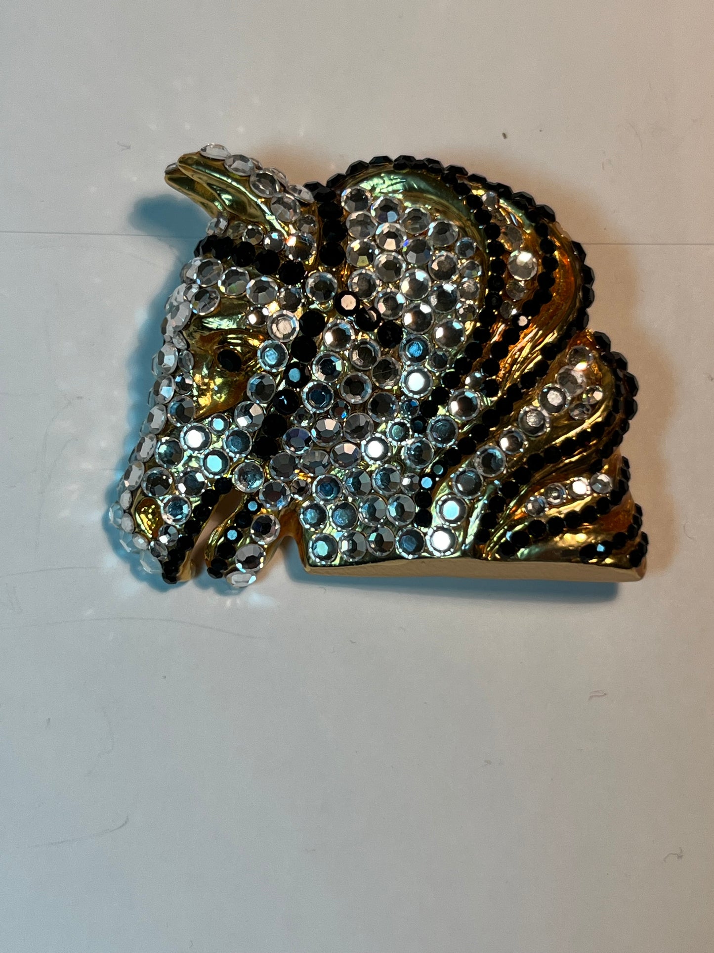 Two Crystal Horse Head Brooches