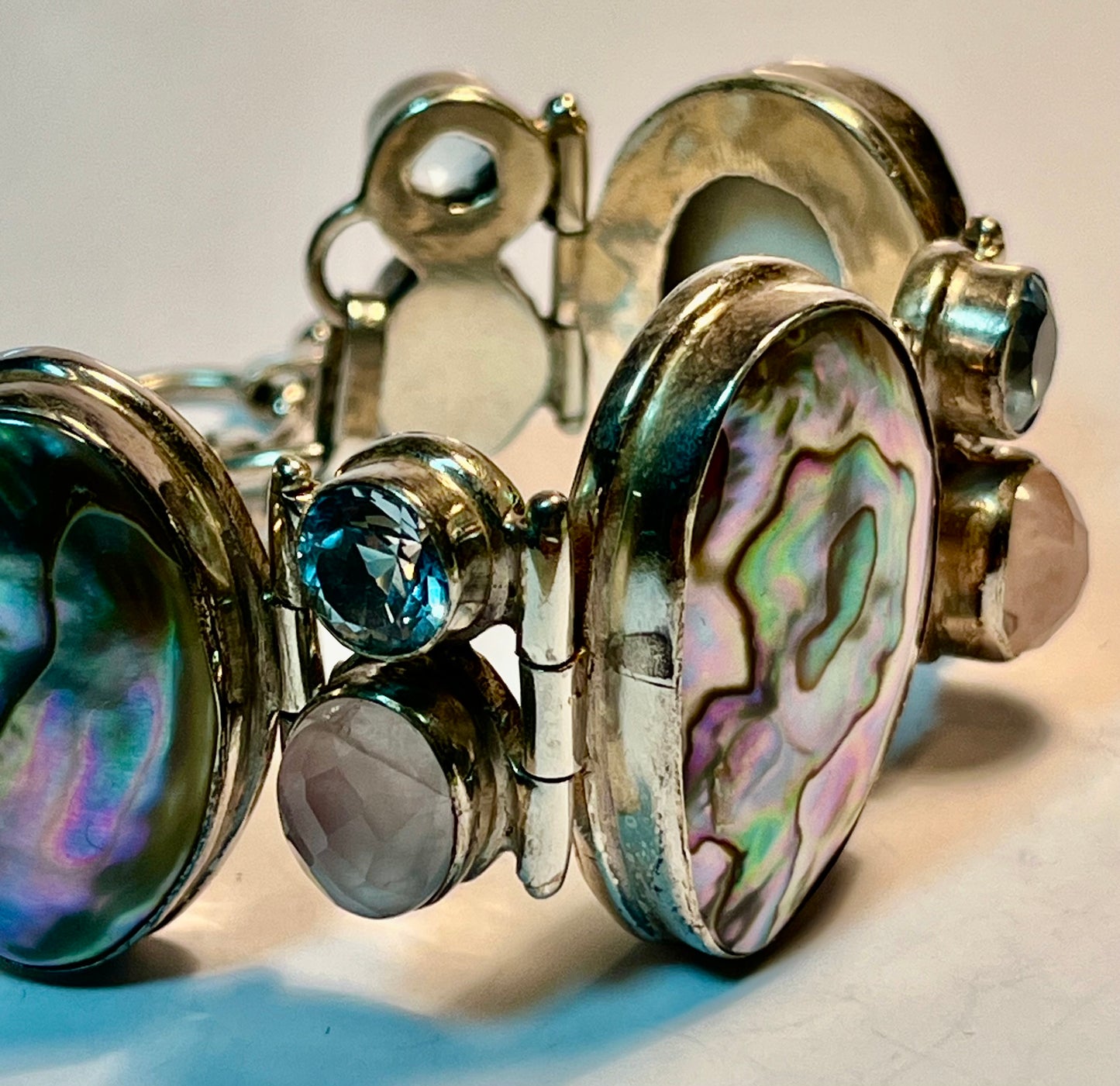 Sterling Silver, Abalone, Blue Topaz & Pink Quartz Bracelet