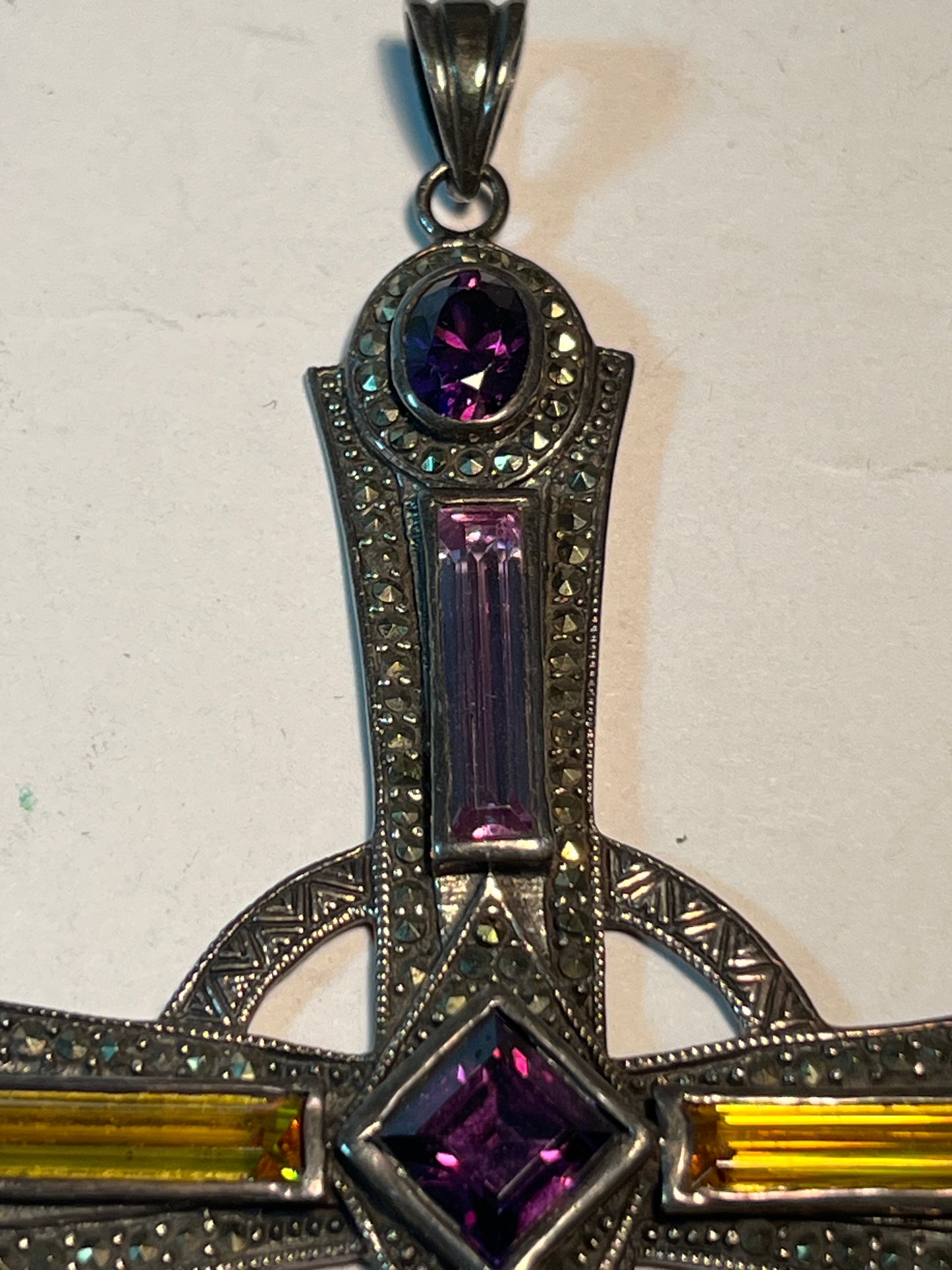 Large Sterling Silver, Gemstone, & Marcasite Cross Pendant