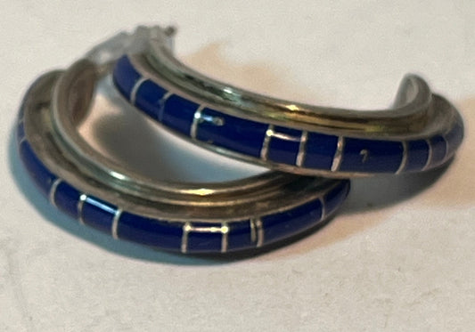 Signed Zuni Native American Lapis Hoop Earrings