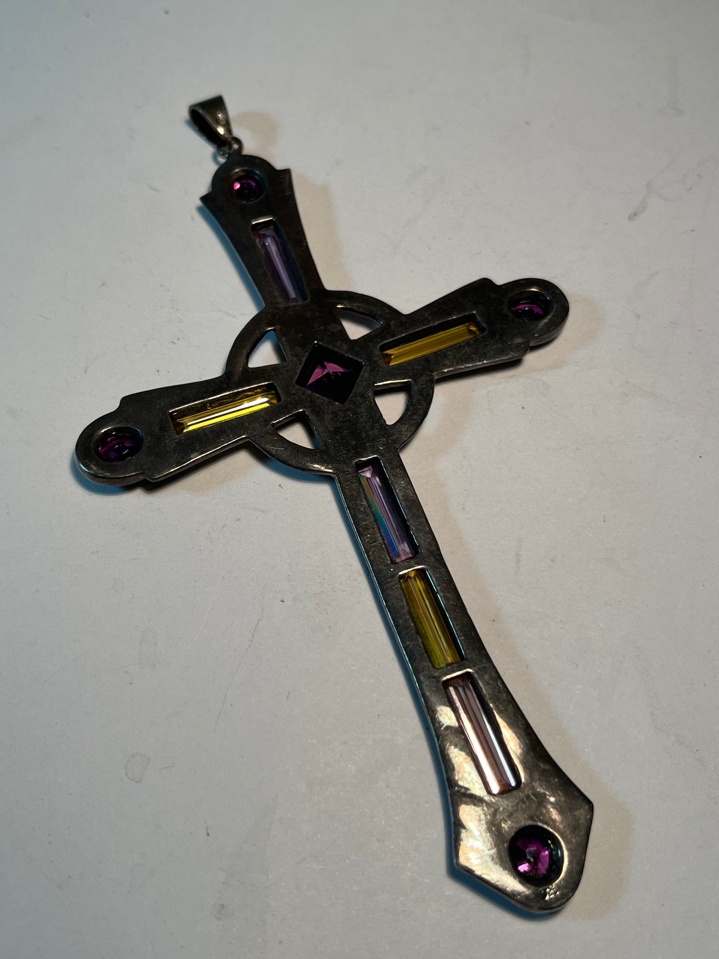 Large Sterling Silver, Gemstone, & Marcasite Cross Pendant
