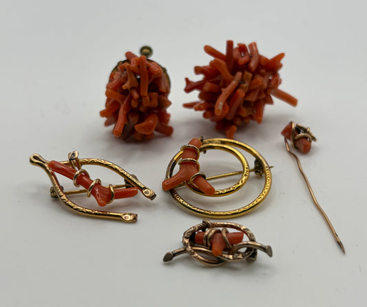 Antique Victorian Coral Pins & Pair of Earrings