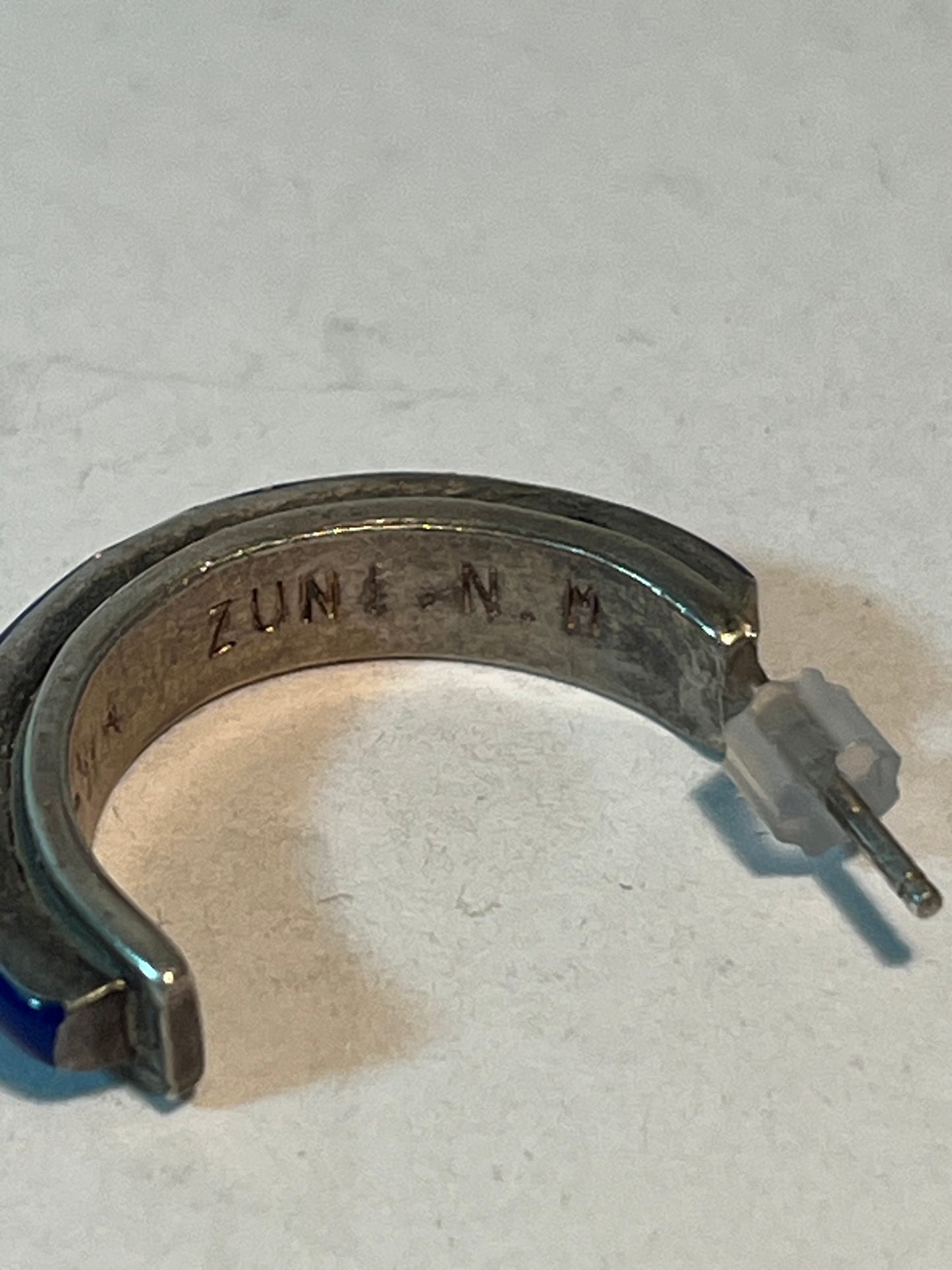 Signed Zuni Native American Lapis Hoop Earrings