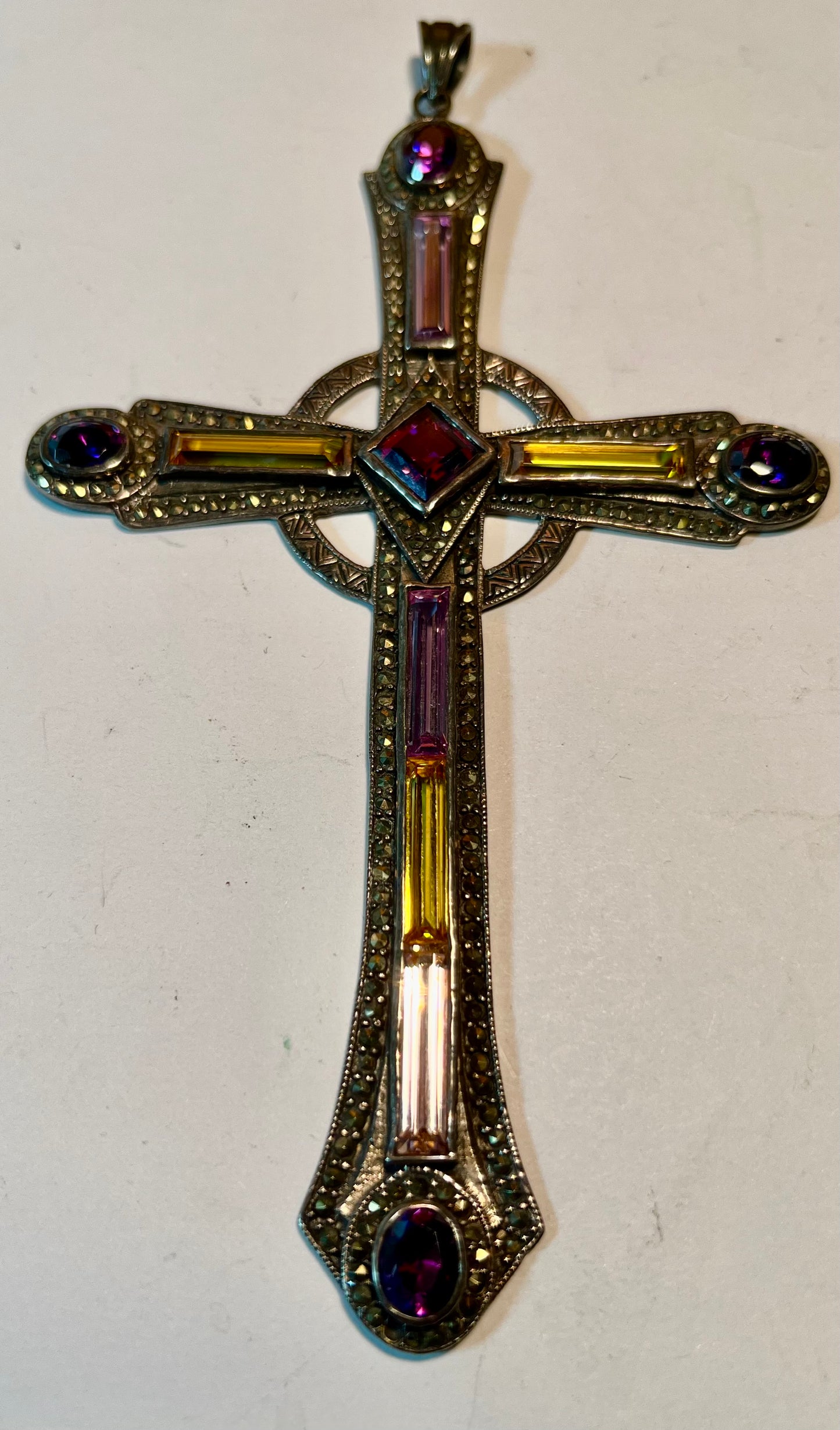 Large Sterling Silver, Gemstone, & Marcasite Cross Pendant